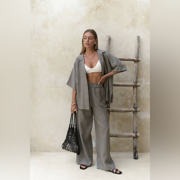 Women Linen Two Piece Set Gray Outfit Matching Set Summer Minimal